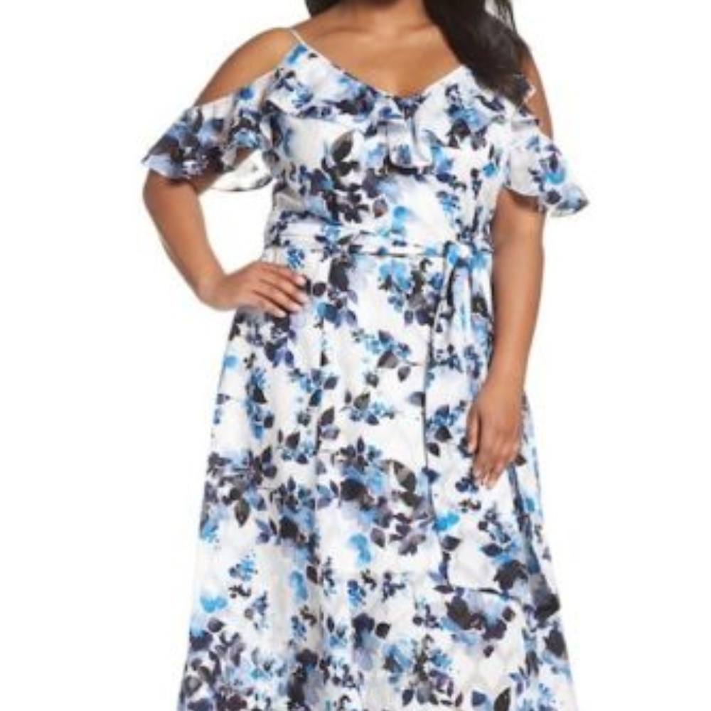 Eliza J Blue Floral Cold Shoulder Maxi Dress